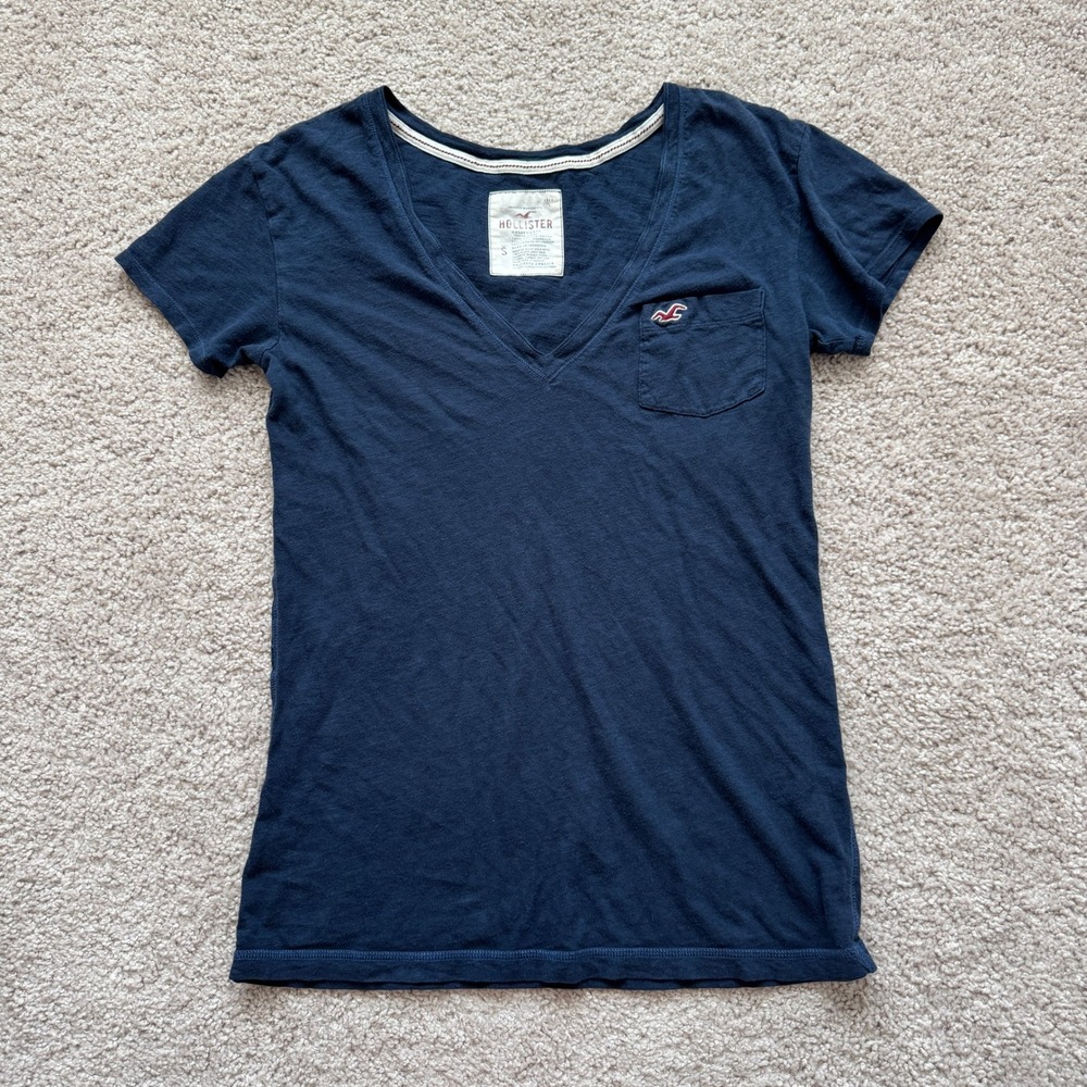 Hollister Y2K Womens Navy Blue Cotton V-Neck Pocket T-Shirt Size S